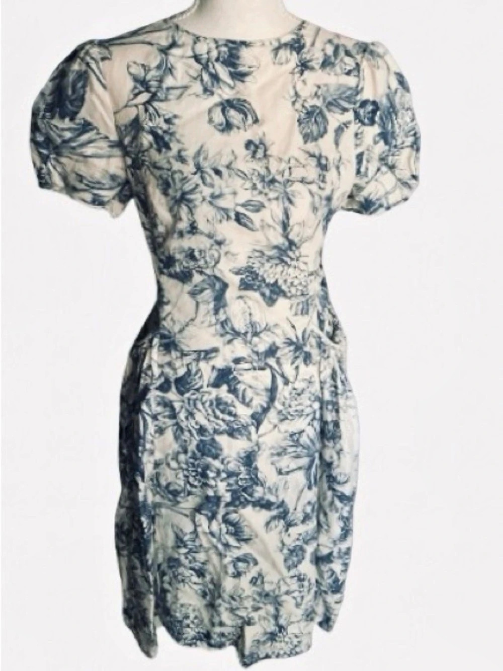 Crystal Embellished Blue Toile Dress Small  Midi Linen Floral Cottage Boho